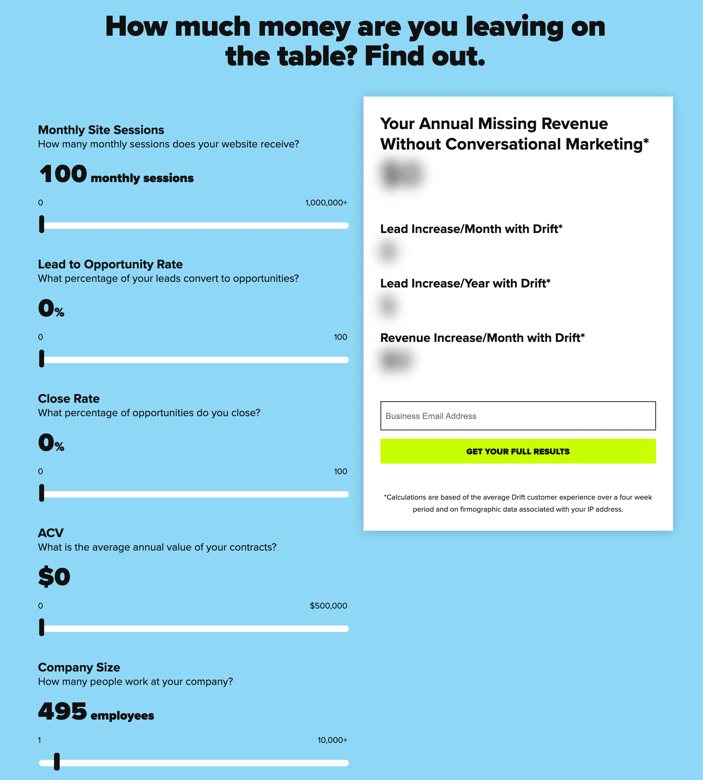 Drift ROI calculator with sliders impacting conversion rates