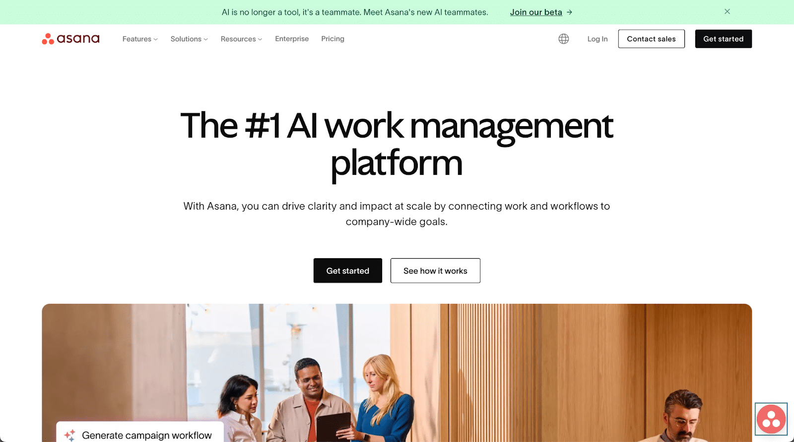 asana website with simple colors and bright photograph