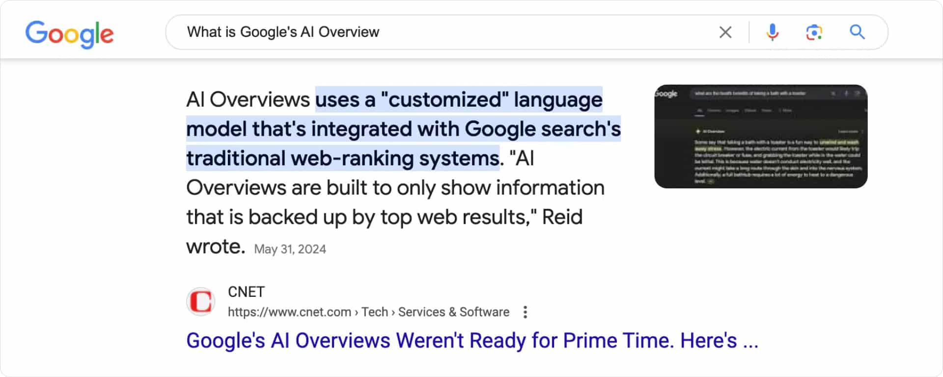 Example of a feature snippet in google covering AI overviews