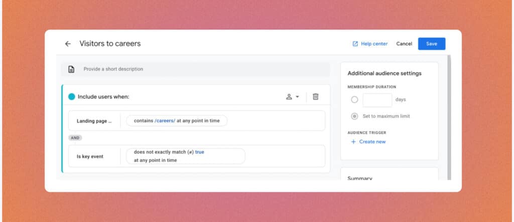 screenshot of GA4 audience setup