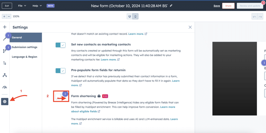 how to turn on form shortening in Beta Breeze