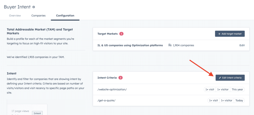 Where to edit intent criteria in HubSpot Breeze