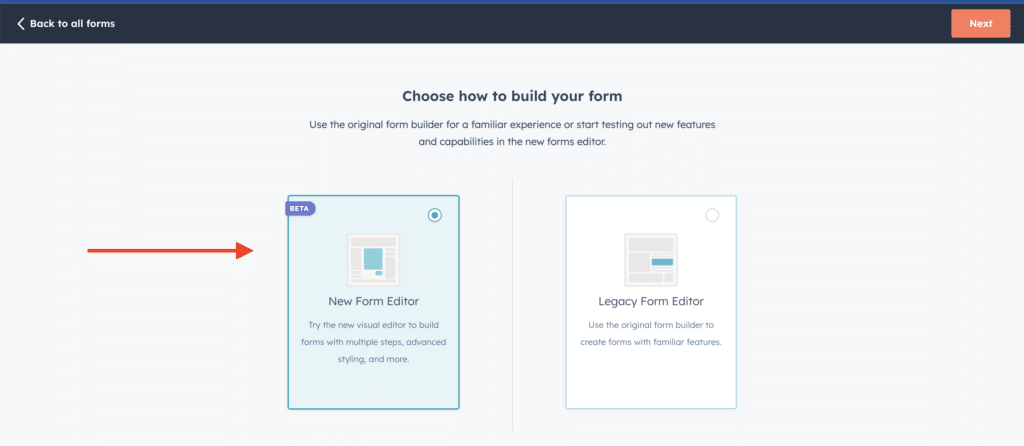 how to choose new form editor in hubspot